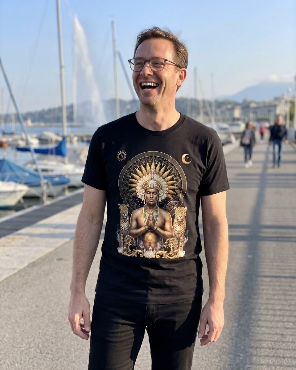 Homme qui rit sur le quai du Mont-Blanc, à Genève, devant le Jet d'Eau, portant le t-shirt Roi Jaguar